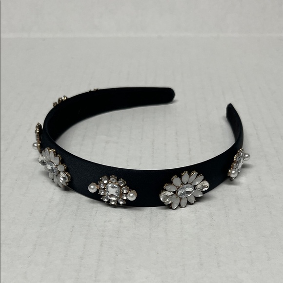 Black Satin Jeweled Embellished faux pearl rhinstones Headband coquette softgirl - Picture 2 of 8